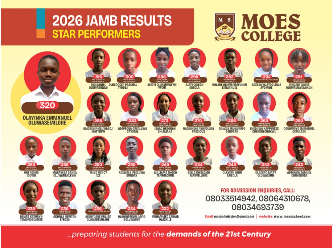 2026 JAMB results premium performers at Moes School